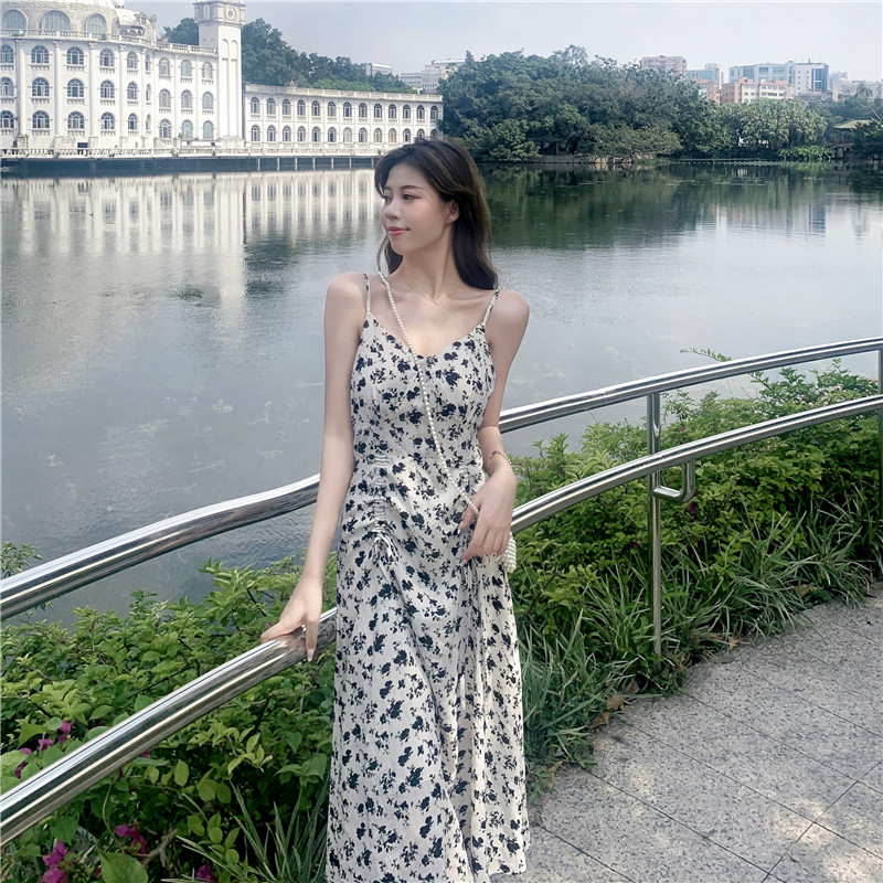 Real price floral dress suspender dress women French design sense of minority waist fairy long skirt