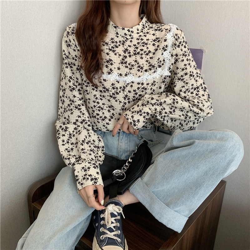 Real price Korean floral Round Neck Long Sleeve Chiffon Lace shirt