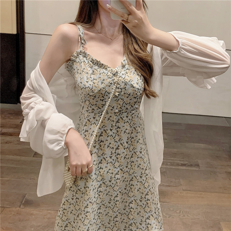 Real price tender floral dress suspender skirt French retro Chiffon Dress sunscreen two piece suit