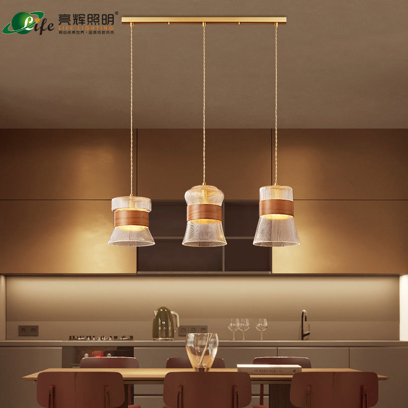 日式餐厅吊灯三头现代简约长条玻璃创意北欧原木饭厅餐桌吧台灯具