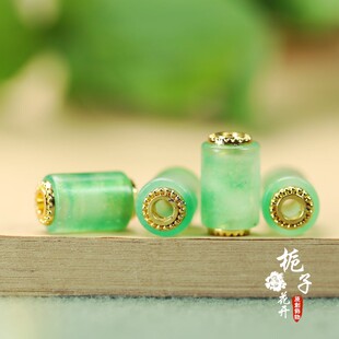 天然玉石飘绿桶珠8*13mm孔2mm配珠DIY项链挂链配件小饰品配饰C171