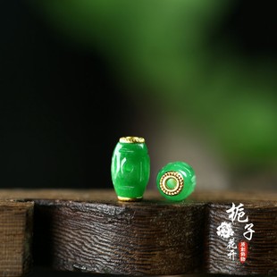 天然干青翡翠绿雕铜钱米珠8*12mm孔2手工DIY手链手串项链配饰D101