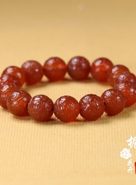 天然红玛瑙雕花祥云圆珠喜庆情侣