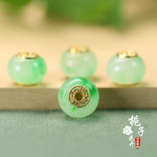 玉石冰飘绿算盘珠14*11mm孔2.5mmDIY项链挂链小配件玉坠配饰C177