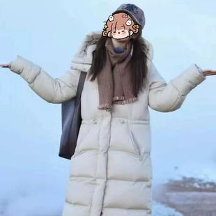 长款抽绳收腰羽绒服宽大帽檐简约时尚百搭保暖连帽羽绒服25103149