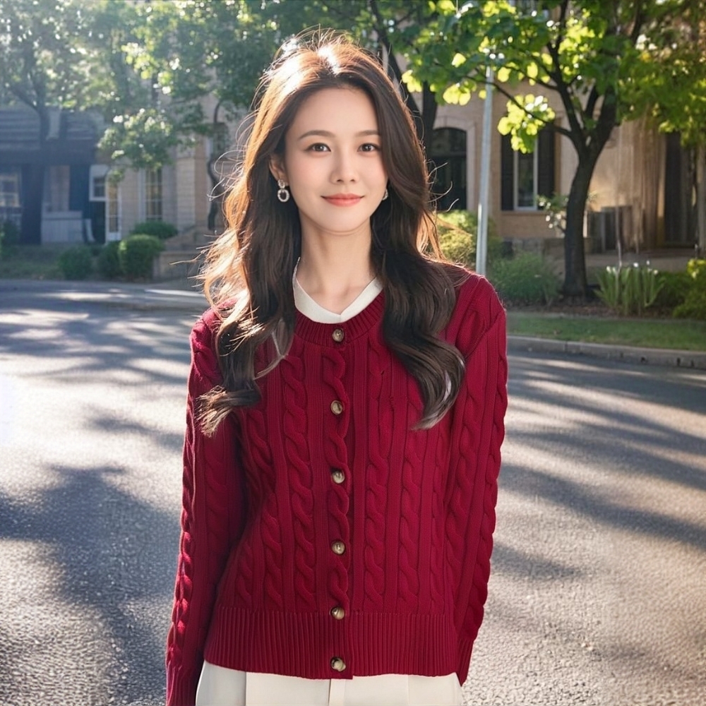 （棉）小马刺绣超厚实针织圆领开衫麻花针织开衫洋气百搭25082241