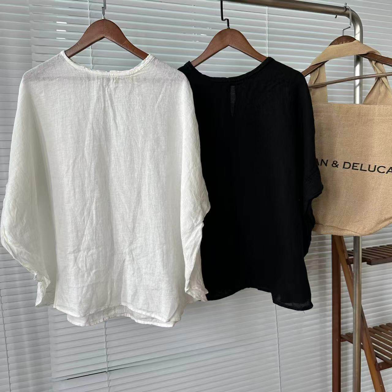 夏季舒适简约蝙蝠袖宽版纯色百搭麻质圆领短袖套头T恤（25052201