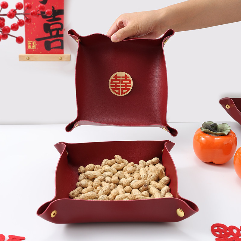 乔迁新居皮革果盘搬家入宅大吉家用福字皮具水果盘干果瓜果零食盘