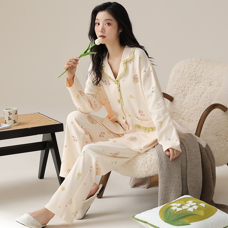 纯棉睡衣女长袖秋冬季可爱甜美