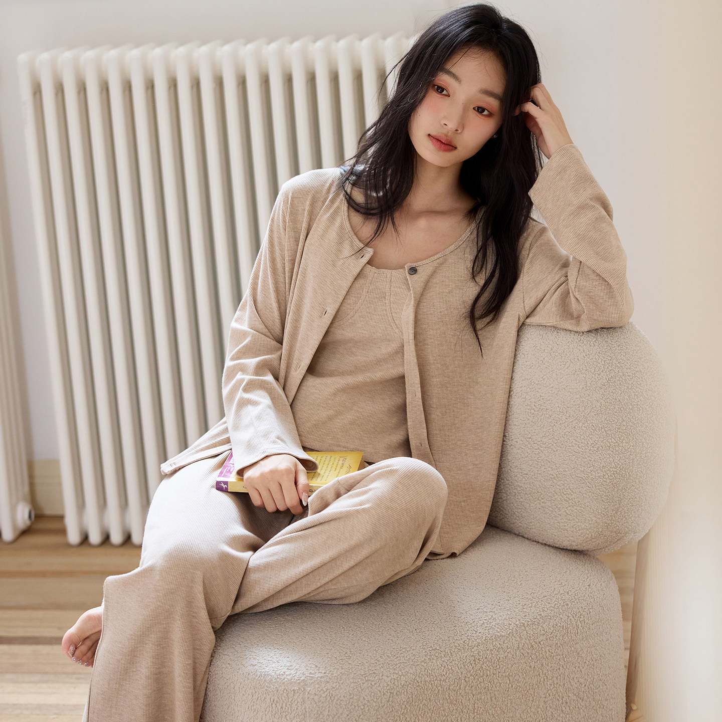 莫代尔女士睡衣春秋季三件套甜美