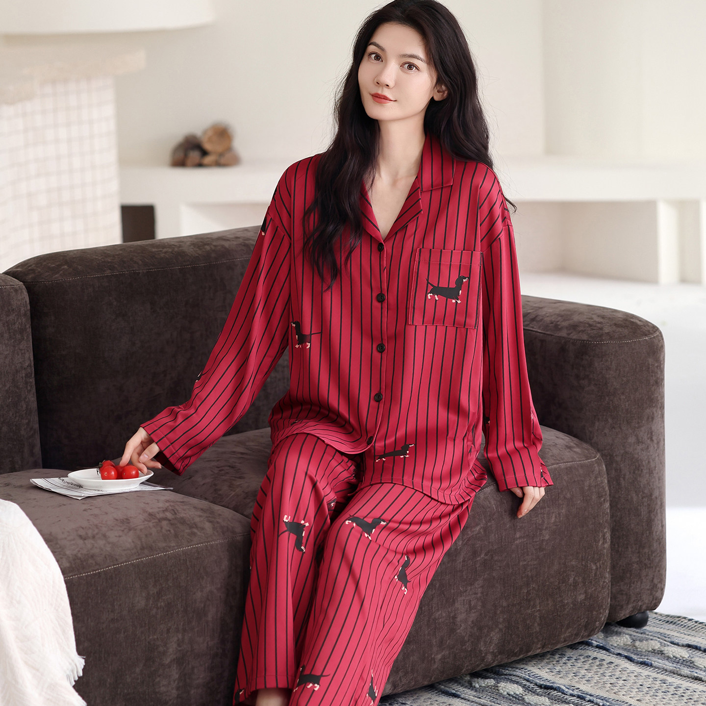 冰丝睡衣女甜美秋季大红色本命年