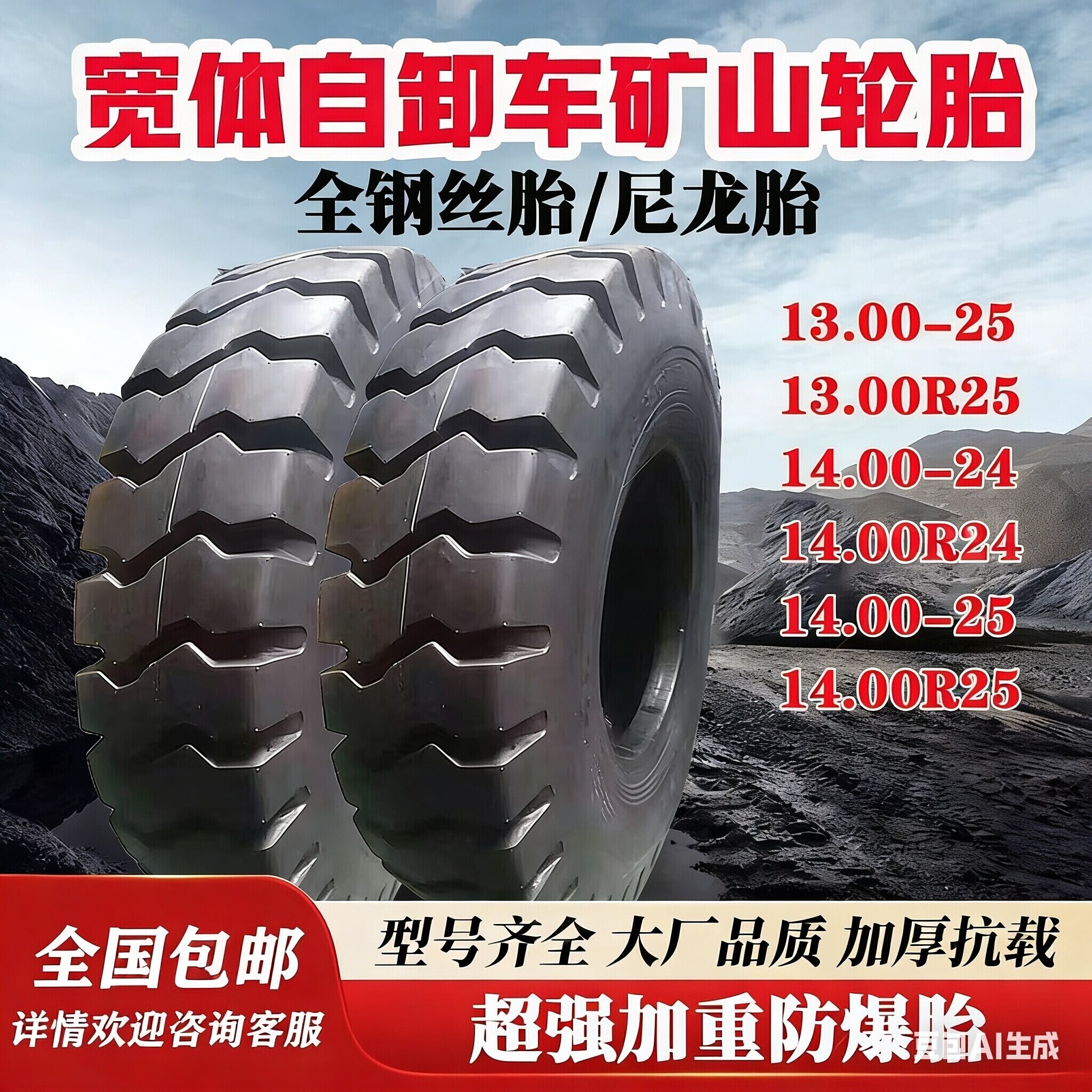 宽体自卸车轮胎1300 14.00-24  25 R24  R25全钢丝矿山工程轮胎