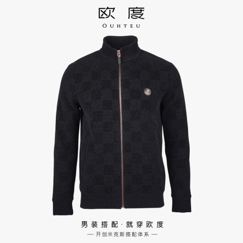 OUHTEU/欧度拉链立领针织开衫黑色休闲合体版秋冬季4626