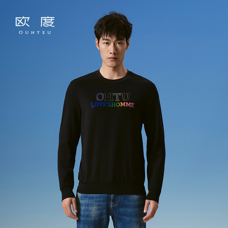 OUHTEU/欧度时尚针织衫圆领男黑色修身版春秋季1653