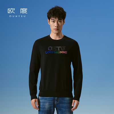 OUHTEU/欧度时尚针织衫圆领男黑色修身版春秋季1653