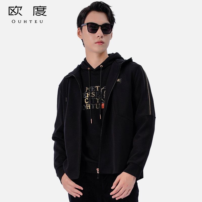 OUHTEU/欧度男士针织开衫连帽黑色休闲合体版型秋冬季
