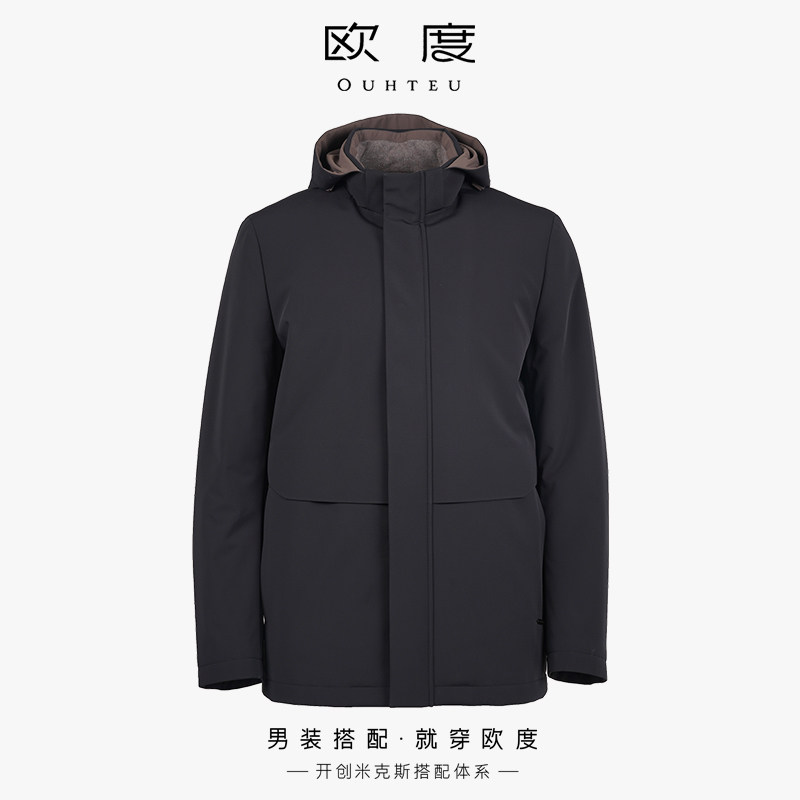 OUHTEU/欧度【兔毛皮】加厚尼克服带帽外套黑冬季合体版4405