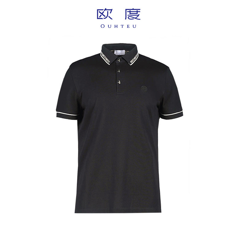 ouhteu/欧度男士短袖t恤翻领黑色休闲合体版春季