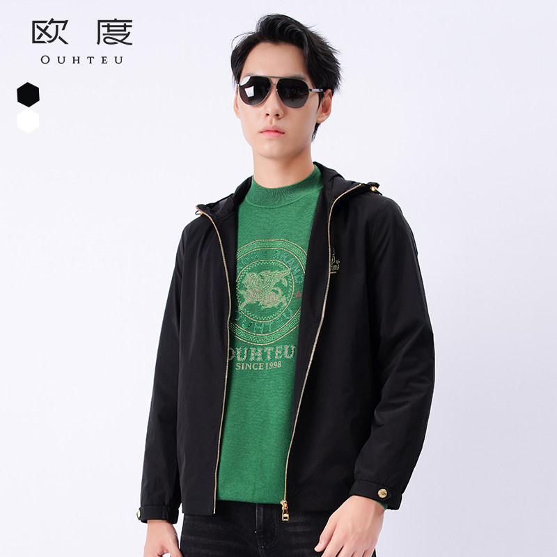 OUHTEU/欧度男士夹克外套连帽黑色聚酯纤维面料潮流合体版型秋季
