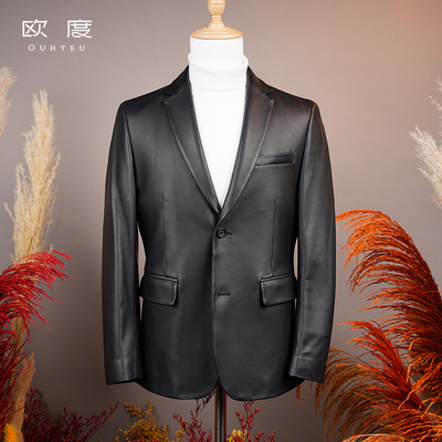 OUHTEU/欧度【绵羊皮革】西装领黑色皮衣男合体版春秋季7312
