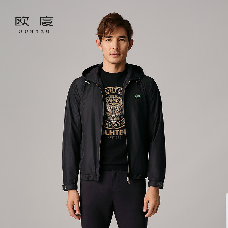 OUHTEU/欧度【聚酯纤维】时尚连帽夹克外套黑色修身版春秋季3205
