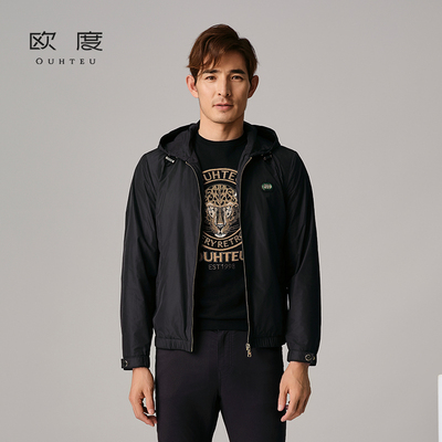 OUHTEU/欧度【聚酯纤维】时尚连帽夹克外套黑色修身版春秋季3205