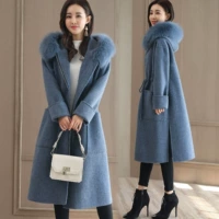 Áo khoác len nữ 2019 mùa đông mới dành cho nữ mũ trùm đầu dây rút dài là phiên bản Hàn Quốc mỏng của áo khoác len màu rắn - Áo Hàn Quốc áo măng tô nữ ngắn
