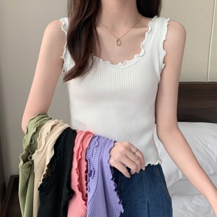 显瘦吊带上衣潮 修身 纯欲风性感小心机卷边针织背心胖妹妹大码 女装