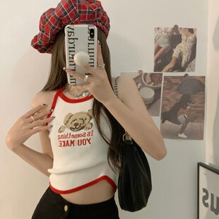 修身 胖妹妹韩版 女装 夏季 针织上衣 ins风别致小熊刺绣吊带背心大码