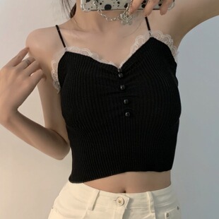 显瘦针织背心 胖妹妹夏季 性感甜美百搭辣妹蕾丝边吊带上衣大码 女装