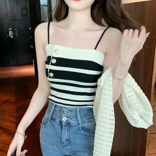 胖妹妹修身 女装 针织上衣 ins风辣妹超火条纹拼接吊带背心大码 夏季