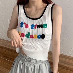 胖妹妹纯欲风ins学生百搭立体刺绣字母小众针织背心大码 吊带上衣