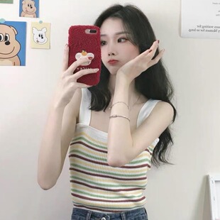 修身 夏季 显瘦针织上衣 女装 微胖妹妹气质百搭条纹拼接吊带背心大码