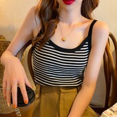 微胖妹妹修身 纯欲风条纹拼接针织背心夏季 显瘦吊带上衣潮 女装 大码