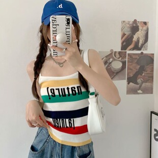 胖MM夏季 女装 吊带上衣 辣妹超火字母印花条纹拼接针织背心大码 美式