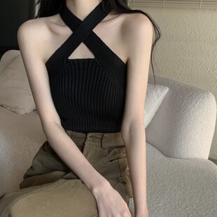百搭修身 纯欲风辣妹超火挂脖背心胖妹妹夏季 显瘦针织上衣 女装 大码