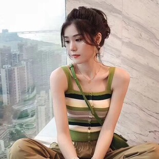 洋气百搭修身 条纹拼接吊带小背心夏季 显瘦针织上衣 女装 胖妹妹大码