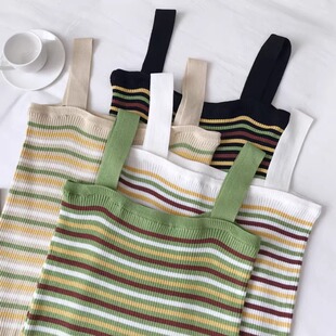 韩版 大码 拼色条纹针织背心微胖妹妹夏季 时尚 减龄显瘦吊带上衣 女装