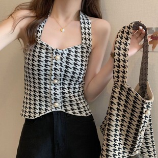 针织上衣女 夏季 ins风网红同款 辣妹撞色千鸟格挂脖背心胖妹妹大码