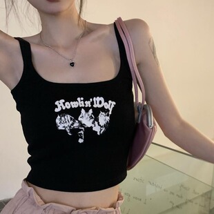 显瘦针织上衣 胖妹妹百搭修身 性感小心机辣妹印花吊带背心大码 女装