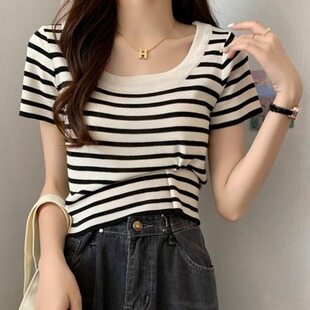 针织短袖 微胖MM韩版 夏季 女装 T恤 小个子百搭撞色条纹套头毛衣大码
