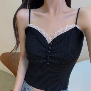 修身 蕾丝拼接V领内搭外穿针织背心胖妹妹夏季 吊带上衣潮 女装 大码