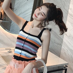 针织上衣潮 夏季 微胖妹妹性感辣妹超火条纹拼接吊带小背心大码 女装