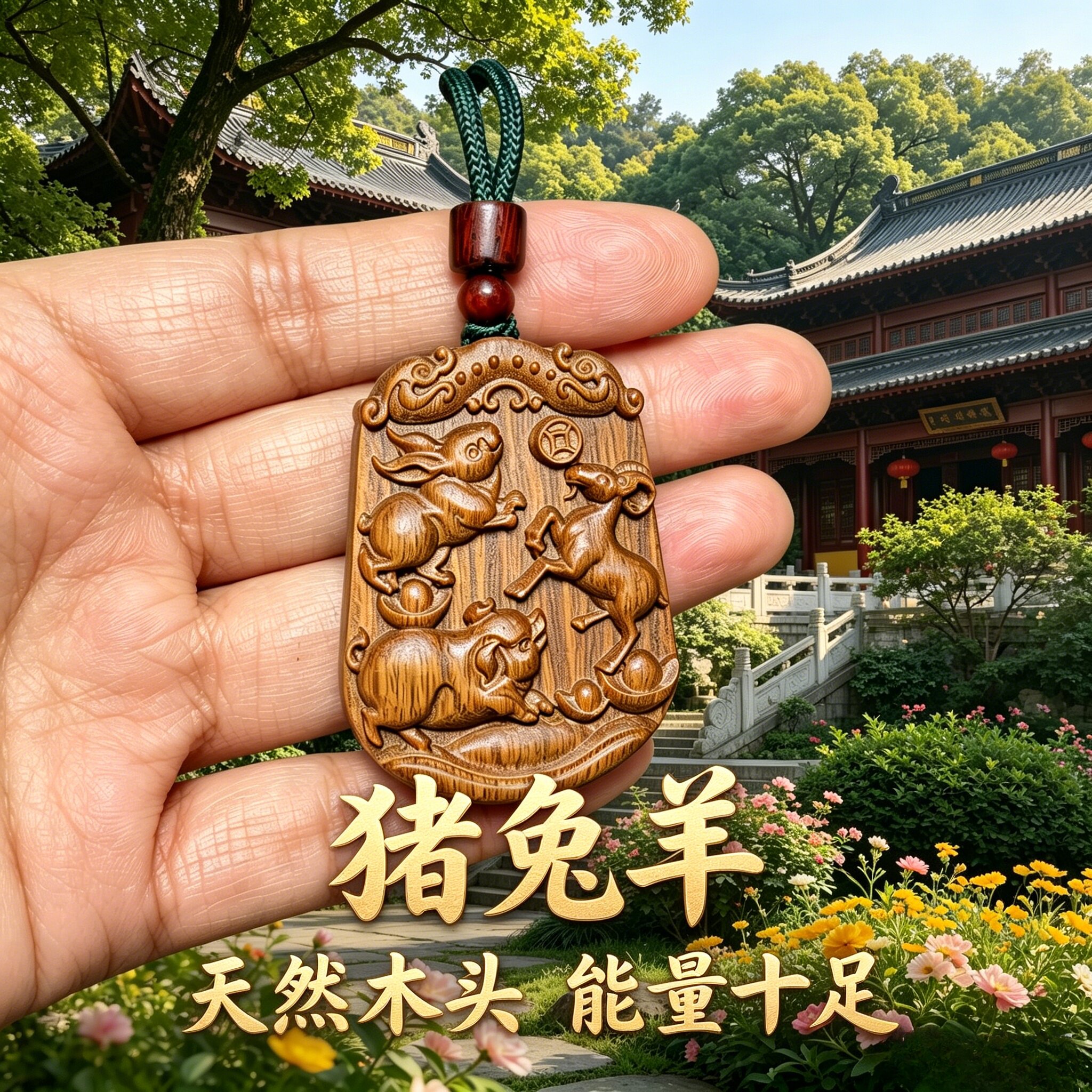 绿檀木猪兔羊亥卯未三合局属相46牌吊坠补木圆牌求学护身符本命牌
