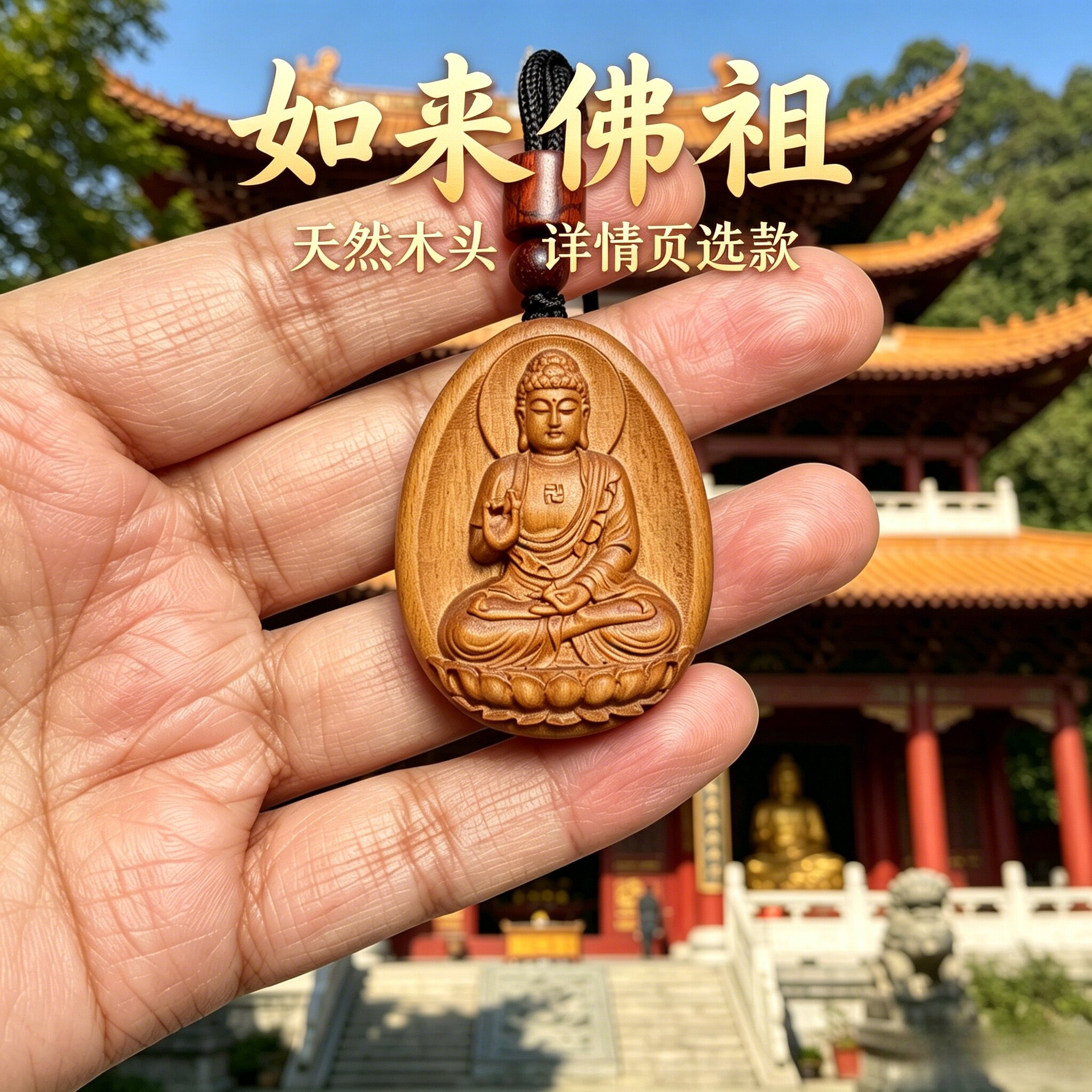 绿檀木如来佛祖释迦摩尼佩戴46牌补木梯形护身符佛牌本命牌护身转