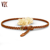 皮带女真皮头层纯牛皮棕色装 饰配裙复古百搭编织免打孔打结细腰带