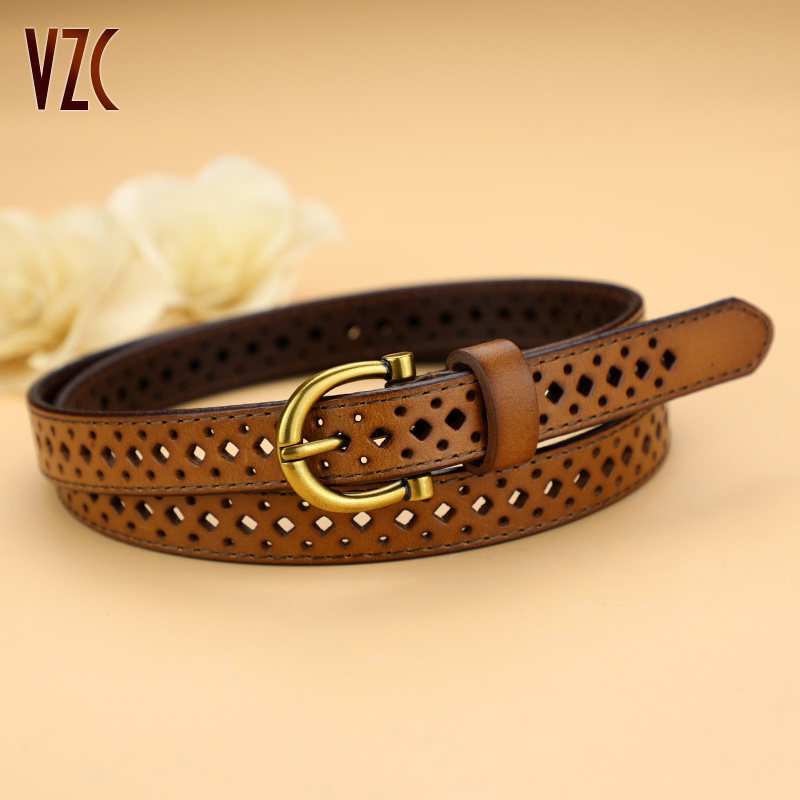 腰带女真皮头层纯牛皮棕色复古时尚镂空牛仔裤带小皮带细窄配裙子
