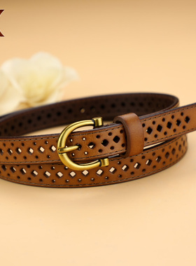 腰带女真皮头层纯牛皮棕色复古时尚镂空牛仔裤带小皮带细窄配裙子