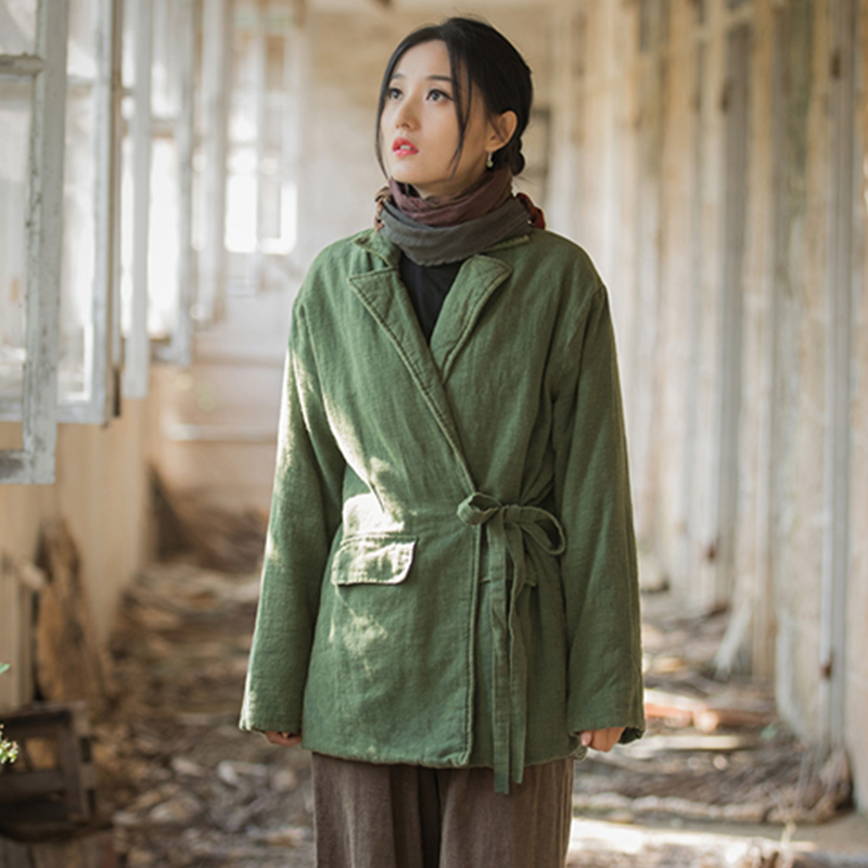 棉麻夹棉保暖棉衣秋冬女装短款改良系带文艺复古宽松棉服棉袄外套
