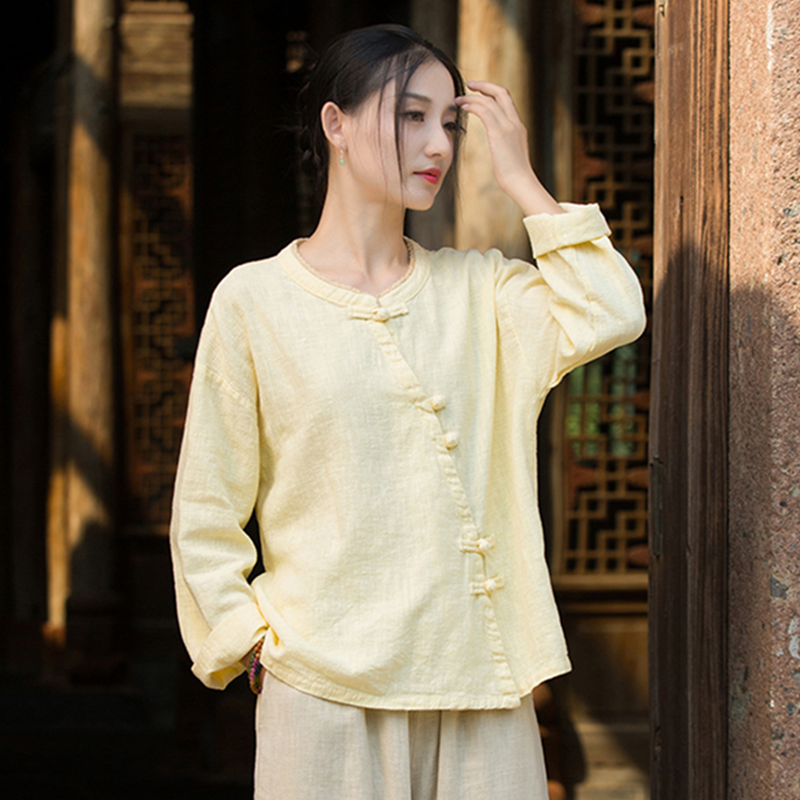 春秋季棉麻文艺开衫宽松休闲苎麻短款长袖打底T恤瑜伽衬衫上衣女